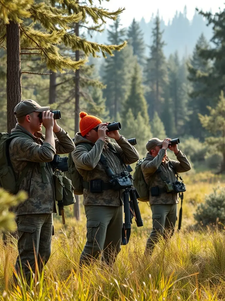 A photo of SCCSC members conducting wildlife population surveys, using binoculars and tracking equipment to monitor local animal populations.