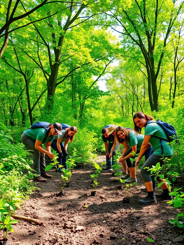A photo of SCCSC members participating in a habitat restoration project, planting trees and clearing invasive species to improve wildlife habitats.