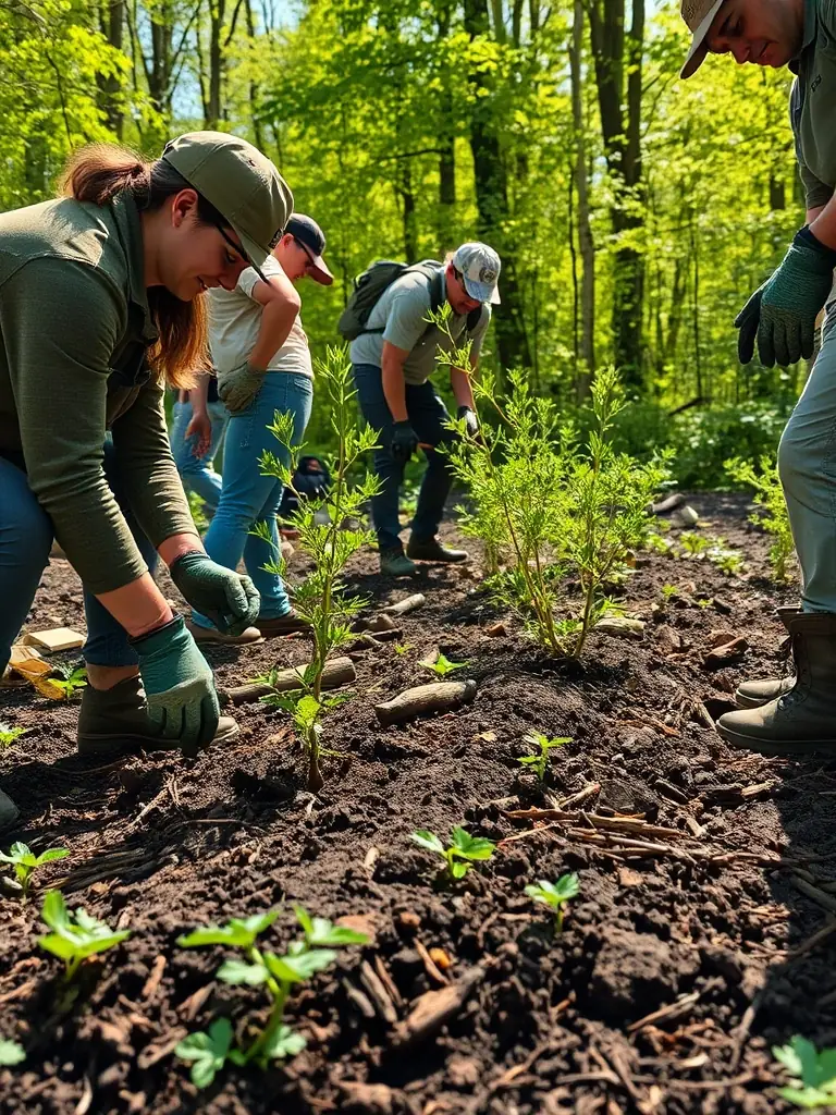 A photograph of SCCSC members participating in a habitat restoration project, planting trees and clearing brush in a local forest.